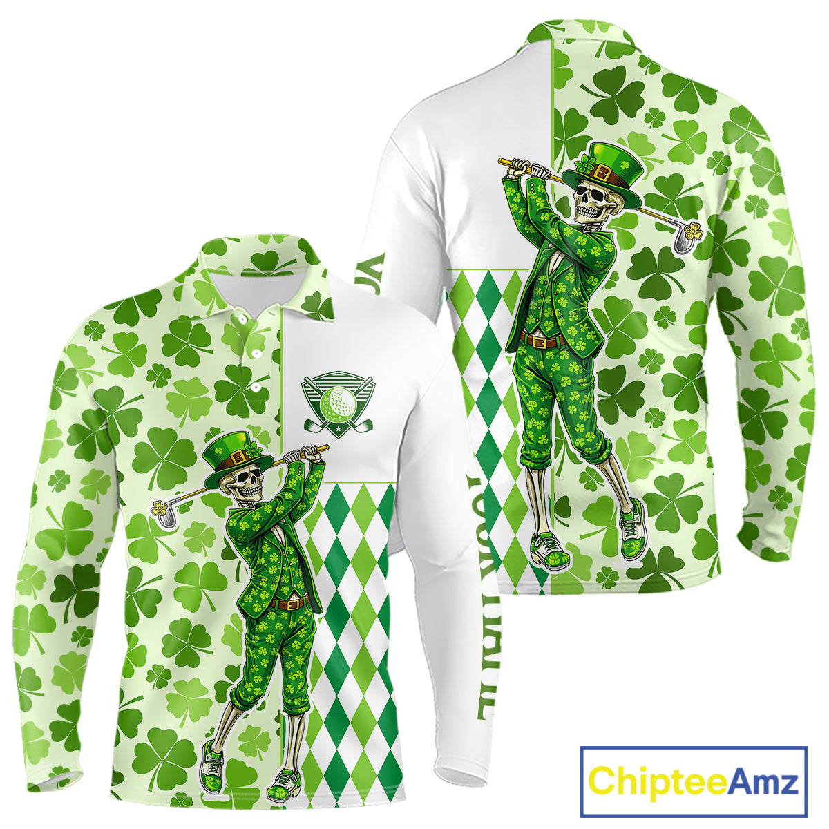 Green Shamrock argyle pattern St Patrick's day Skull Golf Polo Shirts For Men Custom golf outfit men NQS 11507