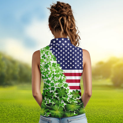 American flag St Patrick day shamrock pattern custom Women sleeveless polo shirt, golf outfits ladies NQS9580