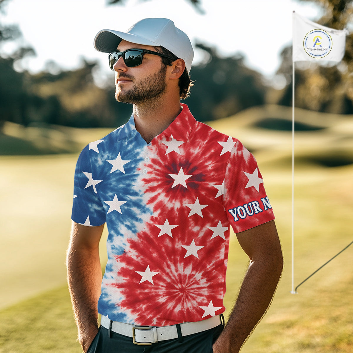 American Flag Tie dye pattern Mens golf polo shirts custom name patriotic golf attire for mens NQS9990