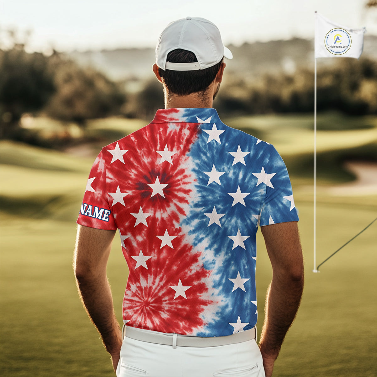 American Flag Tie dye pattern Mens golf polo shirts custom name patriotic golf attire for mens NQS9990