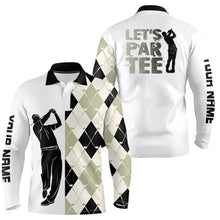 Load image into Gallery viewer, Black and white golf shirt argyle pattern golf clubs custom name Mens golf polo shirt Let's par tee NQS8079