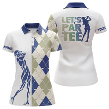 Load image into Gallery viewer, Blue and white golf shirt argyle pattern golf clubs custom name Womens golf polo shirts Let's par tee NQS8078