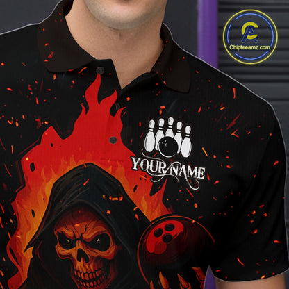 Black and Red Flame Skull Reaper Bowling Shirt For Men Custom Halloween Bowling Team Outfit Jerseys NQS10695