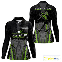 Load image into Gallery viewer, Black Camo Womens golf polo shirts custom golf attire for ladies, golfing gifts | Green NQS9995