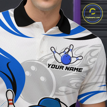 Blue and White Funny Bowling Shirts For Men Custom Team Bowling Polo, 1/4 Zip Jerseys NQS11103