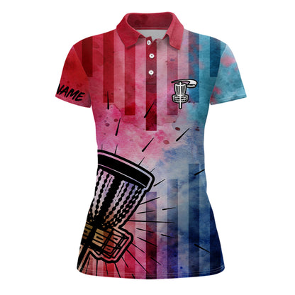 Womens disc golf polo shirts with red & blue tie dye disc golf basket custom women disc golf apparel NQS6203