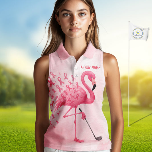 Watercolor Pink Flamingo ribbons Sleeveless polo shirt Custom Breast Cancer Awareness ladies golf top NQS10512