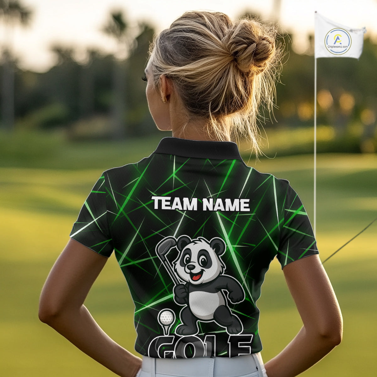 Black and Green Funny Panda Playing Golf Polo Shirt For Women Custom ladies golf clothes golf gift NQS10740