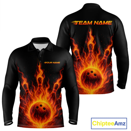 Custom Flame Bowling Polo, Quarter Zip Shirts for Men Custom Team Bowling Uniform NQS10521