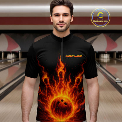 Custom Flame Bowling Polo, Quarter Zip Shirts for Men Custom Team Bowling Uniform NQS10521
