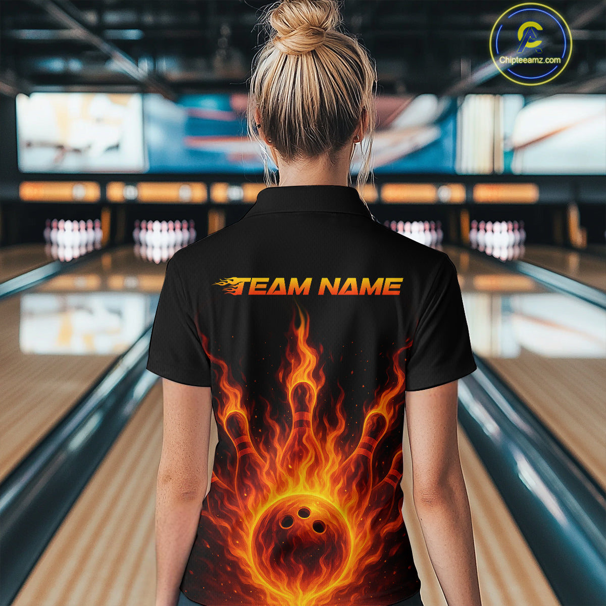 Custom Flame Bowling Polo, Quarter Zip Shirts for Women Custom Team Bowling Uniform NQS10521