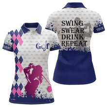 Load image into Gallery viewer, Blue pink argyle plaid white Women golf polo shirt custom swing swear drink repeat ladies golf tops NQS7922