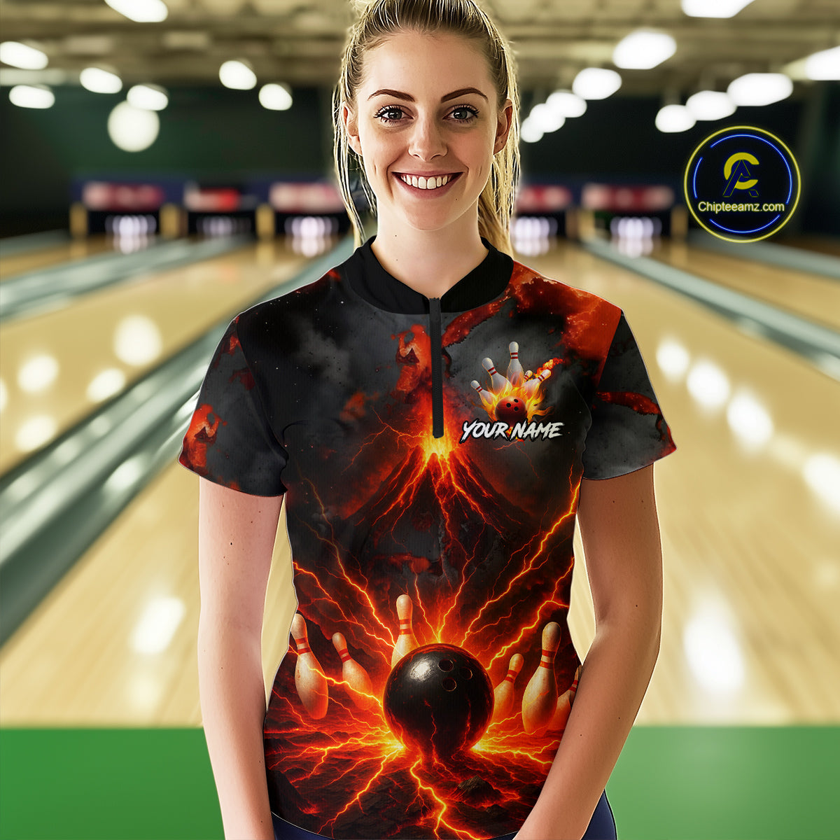 Red Lightning volcano Women Bowling Polo, Quarter Zip shirts Custom bowling outfits gifts for ladies NQS10956