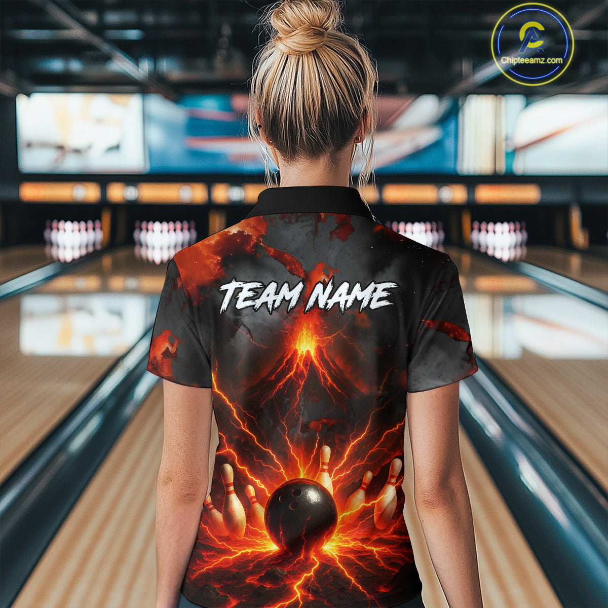 Red Lightning volcano Women Bowling Polo, Quarter Zip shirts Custom bowling outfits gifts for ladies NQS10956