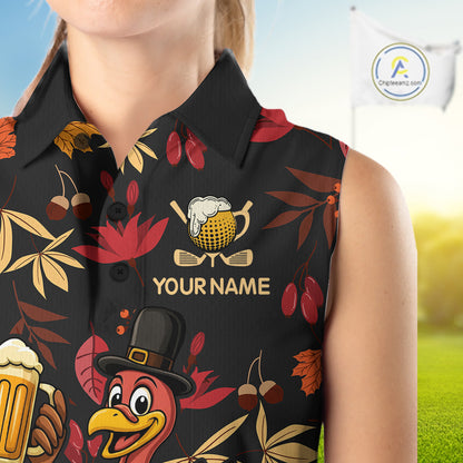 Funny Turkey Golf Beer Thanksgiving golf shirt Custom Funny womens sleeveless polo shirts NQS10964