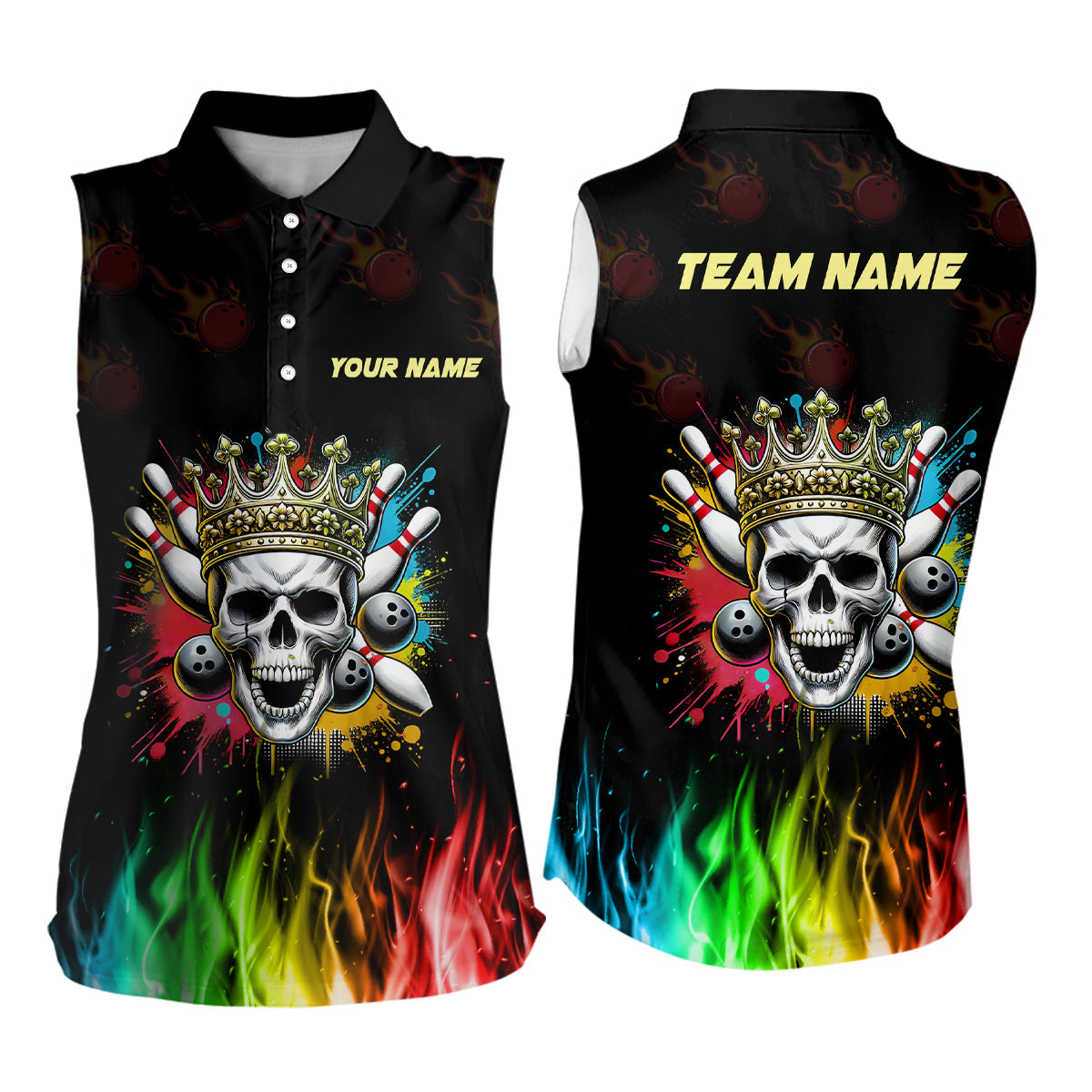 Colorful Flame Skull Bowling Sleeveless Polo Shirt For Women Custom Bowling Team League Jerseys NQS8402