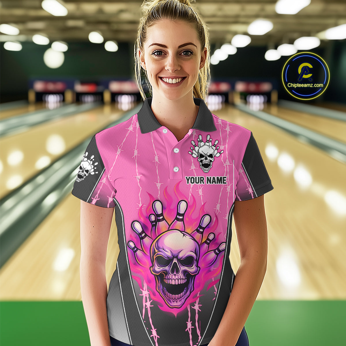 Black and pink flame skull Bowling Polo, 1/4 Zip Shirt for Women Custom Team Bowling League Jersey NQS10203