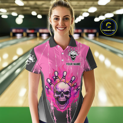 Black and pink flame skull Bowling Polo, 1/4 Zip Shirt for Women Custom Team Bowling League Jersey NQS10203