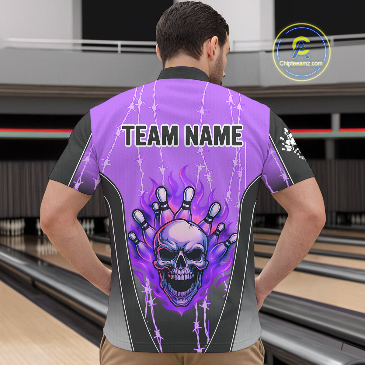 Black and purple flame skull Bowling Polo, 1/4 Zip Shirt for men Custom Team Bowling League Jersey NQS10204