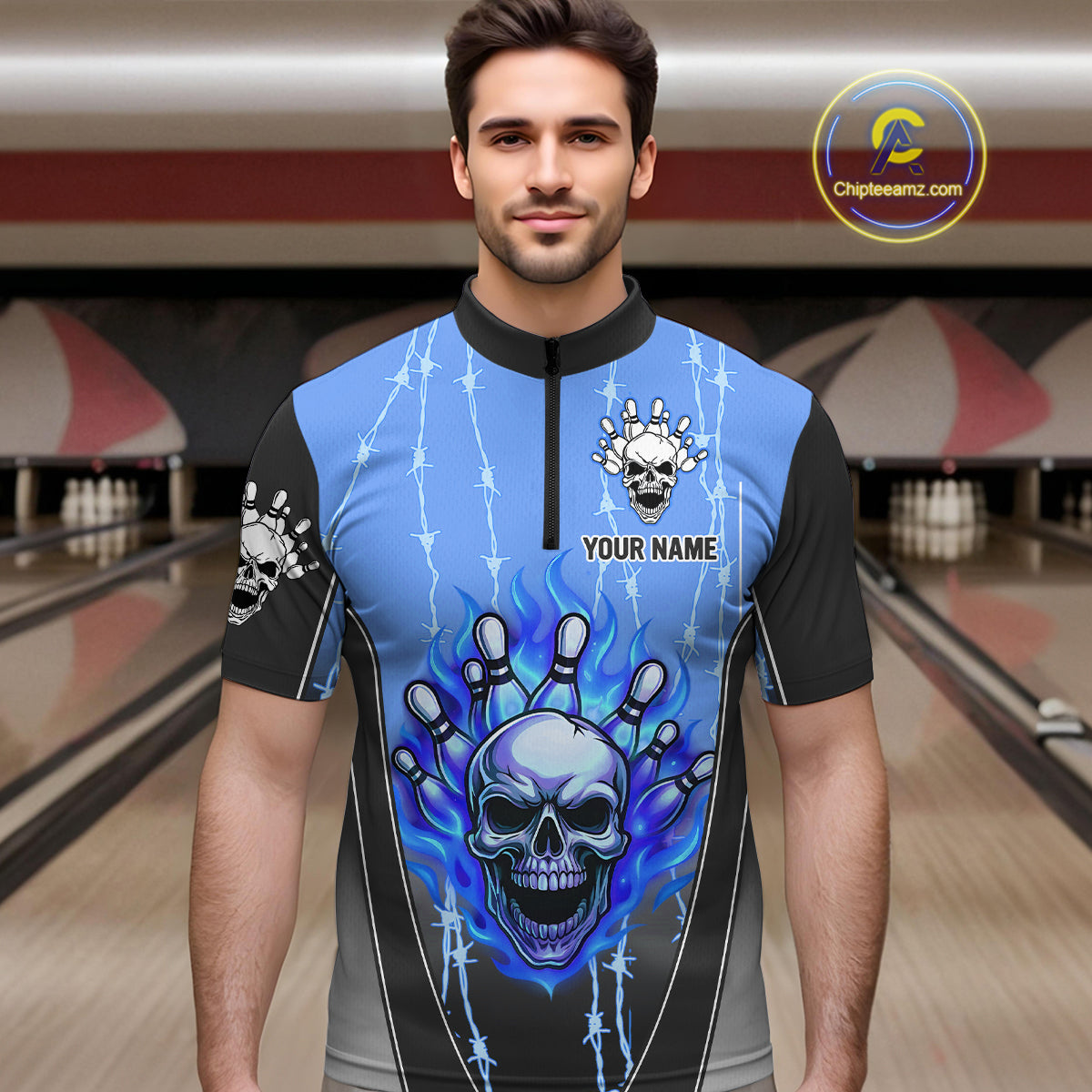 Black and blue flame skull Bowling Polo, 1/4 Zip Shirt for men Custom Team Bowling League Jersey NQS10205