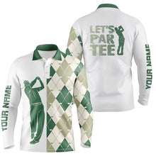 Load image into Gallery viewer, Green and white golf shirt argyle pattern golf clubs custom name Mens golf polo shirt Let's par tee NQS6040
