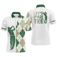 Load image into Gallery viewer, Green and white golf shirt argyle pattern golf clubs custom name Mens golf polo shirt Let's par tee NQS6040