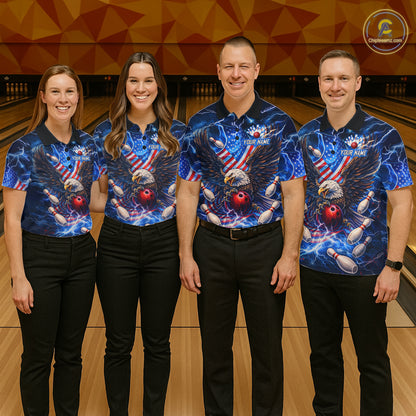 US Flag Eagle Bowling Shirts for Women Custom Blue Lightning Thunder Patriotic Team Bowling Jerseys NQS11581