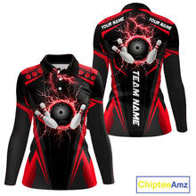 Load image into Gallery viewer, Black Women bowling Polo, Quarter Zip shirt Custom lightning thunder team league bowling jersey | Red NQS10373
