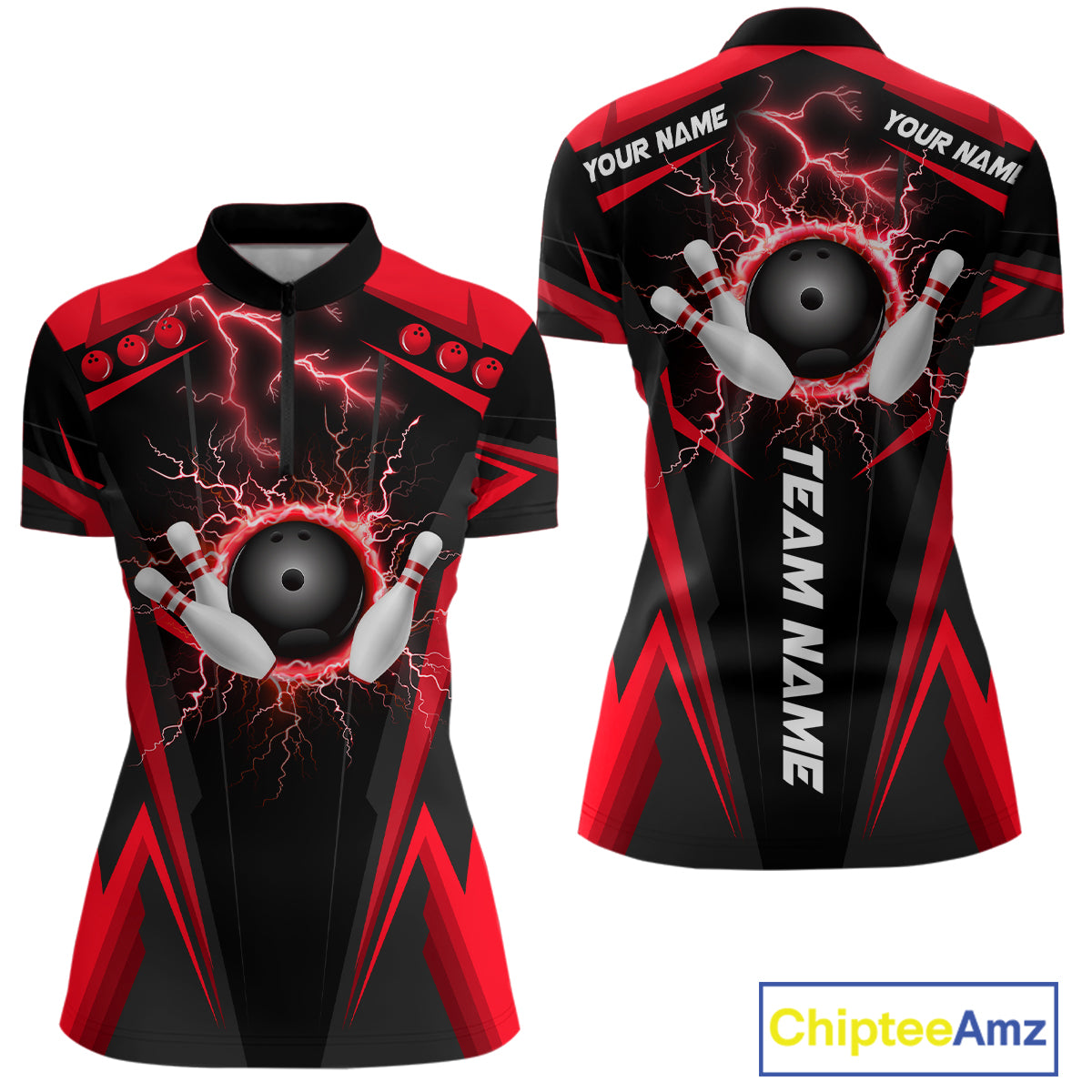 Black Women bowling Polo, Quarter Zip shirt Custom lightning thunder team league bowling jersey | Red NQS10373