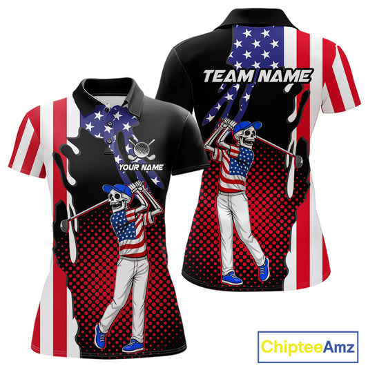 Personalized US flag golf shirts funny skull women's patriotic golf shirts custom ladies golf apparel NQS11384