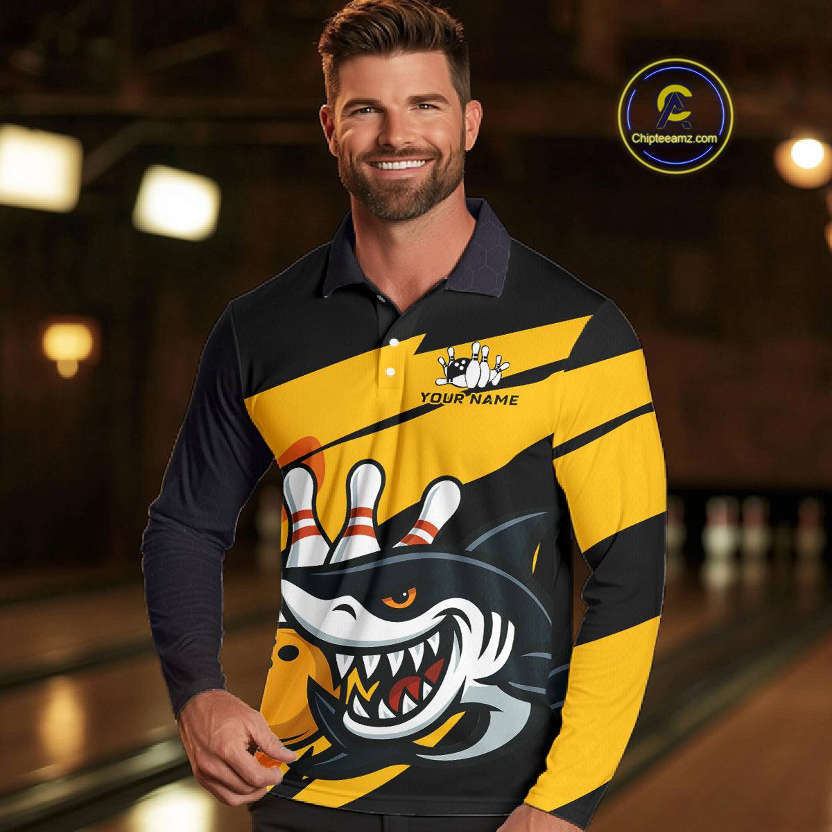 Black and yellow shark Bowling polo, quarter zip shirt for men custom Shark Bowling team league shirt NQS10393