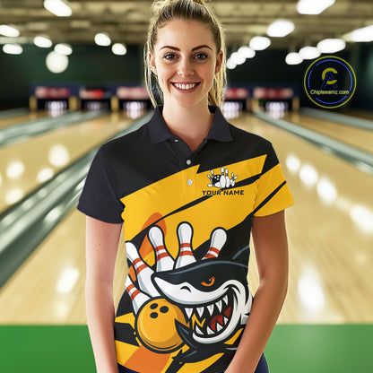 Black and yellow shark Women Bowling polo, quarter zip shirt custom Shark Bowling team league shirt NQS10393