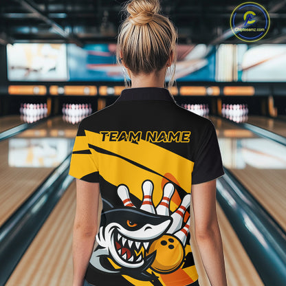 Black and yellow shark Women Bowling polo, quarter zip shirt custom Shark Bowling team league shirt NQS10393