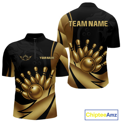 Black and Gold Mens Bowling Polo, Quarter Zip Shirts Custom Team Bowling League Jersey NQS10079