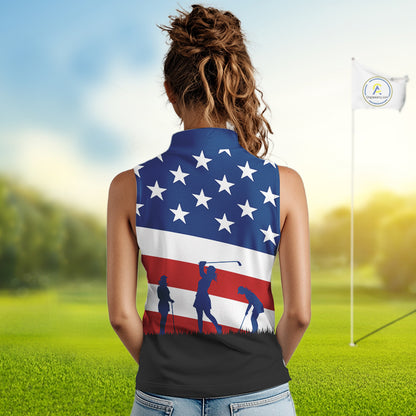 American Flag sleeveless golf polo shirt Custom Red, White and Blue Patriotic ladies golf attire NQS10230