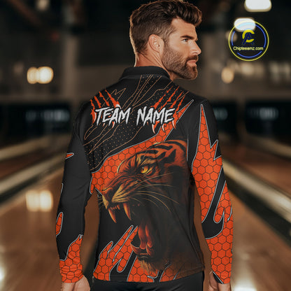 Personalized Tiger Bowling Team Men Polo, Quarter Zip Shirts, Black And Orange Tiger Bowling Jerseys NQS10398
