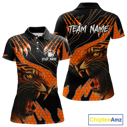 Personalized Tiger Bowling Team Women Polo, Quarter Zip Shirt, Black And Orange Tiger Bowling Jerseys NQS10398