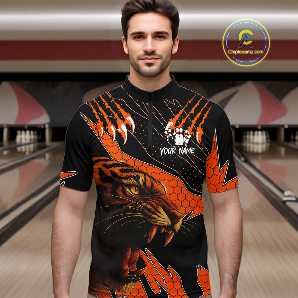 Personalized Tiger Bowling Team Men Polo, Quarter Zip Shirts, Black And Orange Tiger Bowling Jerseys NQS10398