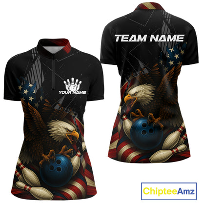 American Flag Eagle Black Bowling Shirts For Women Custom Patriotic Bowling Team Jersey Bowler gifts NQS10606