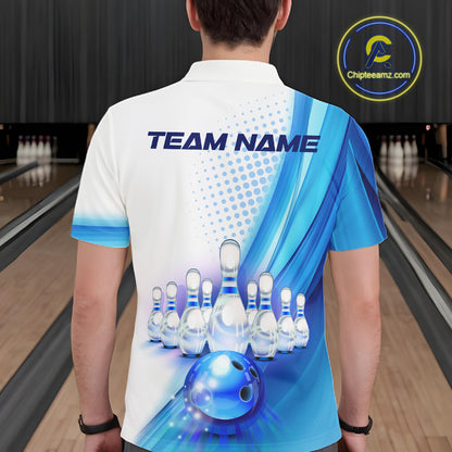 Custom Blue and White Bowling Mens Polo, Quarter Zip Shirts, Bowlers Outfit NQS10607