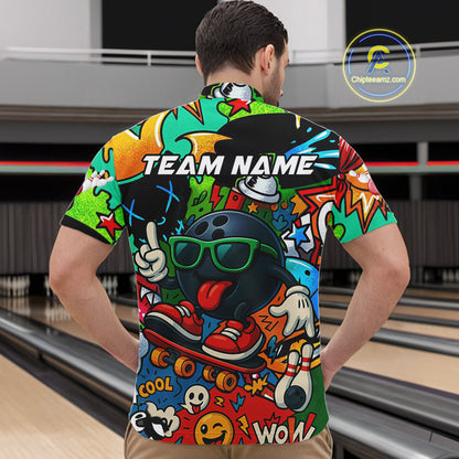 Custom Funny colorful pattern Bowling Team Polo, Quarter Zip Shirt For Men, Mens Bowling Jersey NQS10094