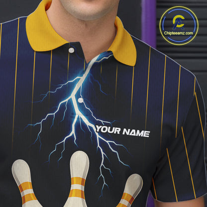 Custom Yellow and Blue Lightning Thunder Bowling Polo, 1/4 Zip Shirts For Men, Team Bowling Outfits NQS10620
