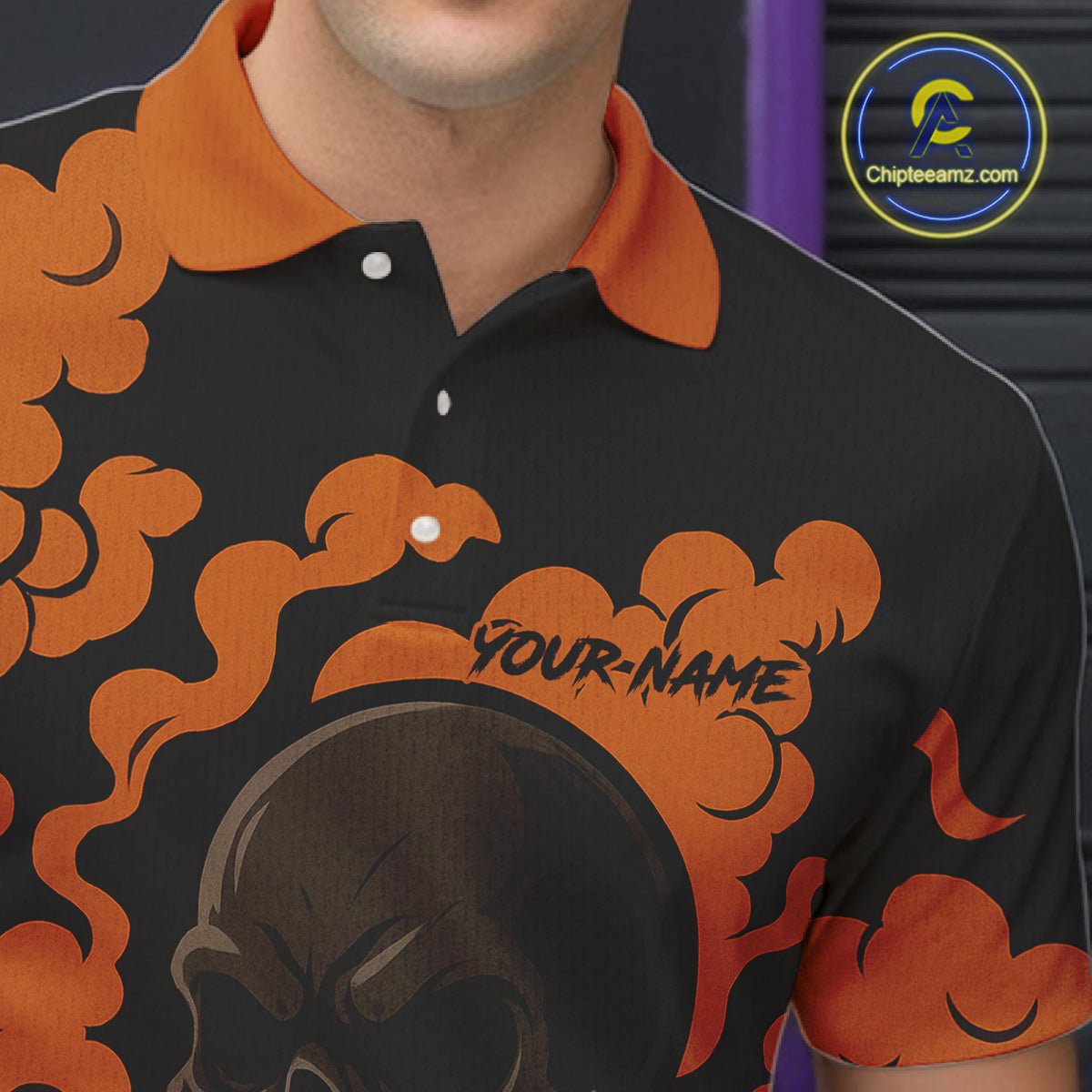 Custom Black and Orange Skull Team Bowling Polo, 1/4 Zip Shirts For Men, Halloween Bowling Outfits NQS10621