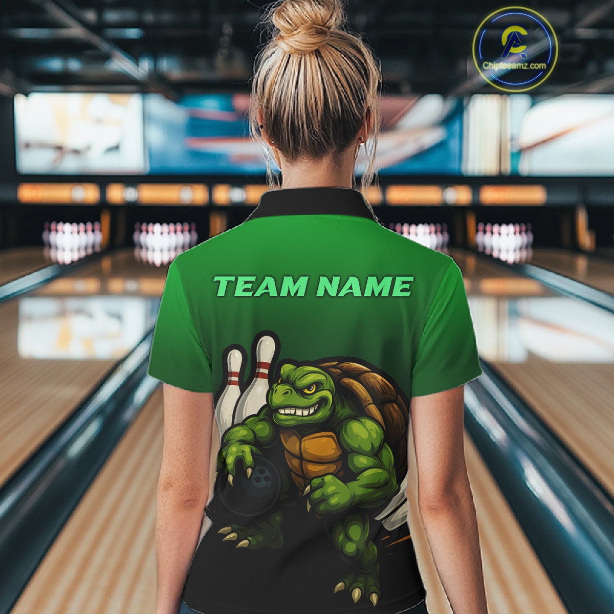 Custom Green Turtle Bowling Polo, Quarter Zip shirts For Women, Bowling tournament Team Jerseys NQS10624