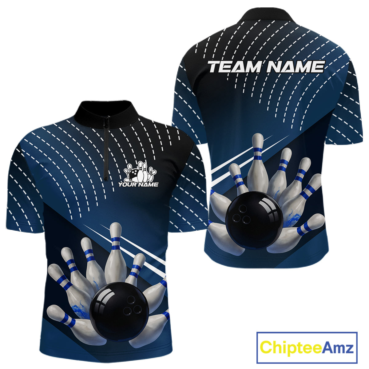 Black and Blue Bowling Polo, Quarter Zip shirts For Men Custom Bowling tournament Team Jerseys NQS10625