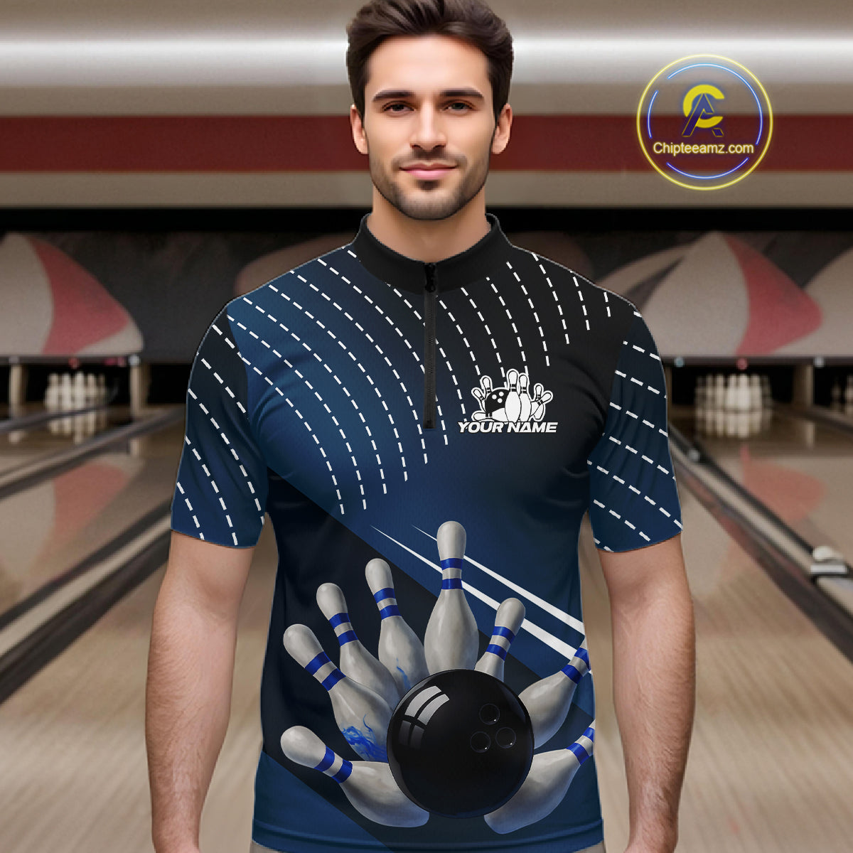 Black and Blue Bowling Polo, Quarter Zip shirts For Men Custom Bowling tournament Team Jerseys NQS10625