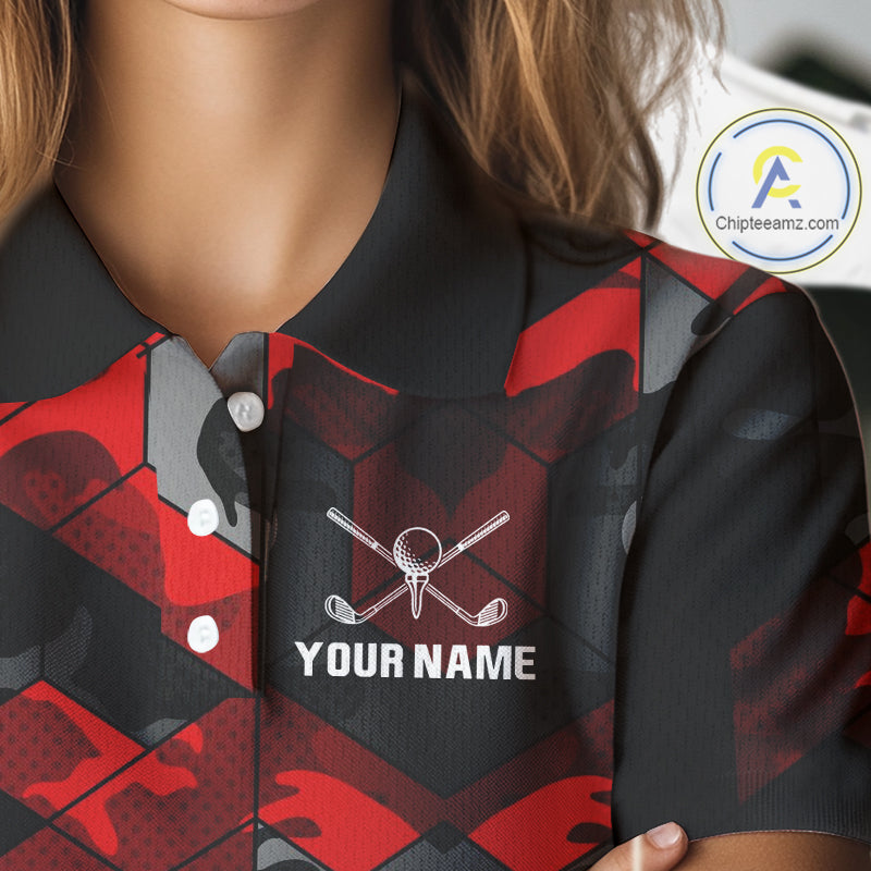 Black and Red Camo Flame Golf Ball Custom Women golf polo shirts, personalized golf top for ladies NQS10100