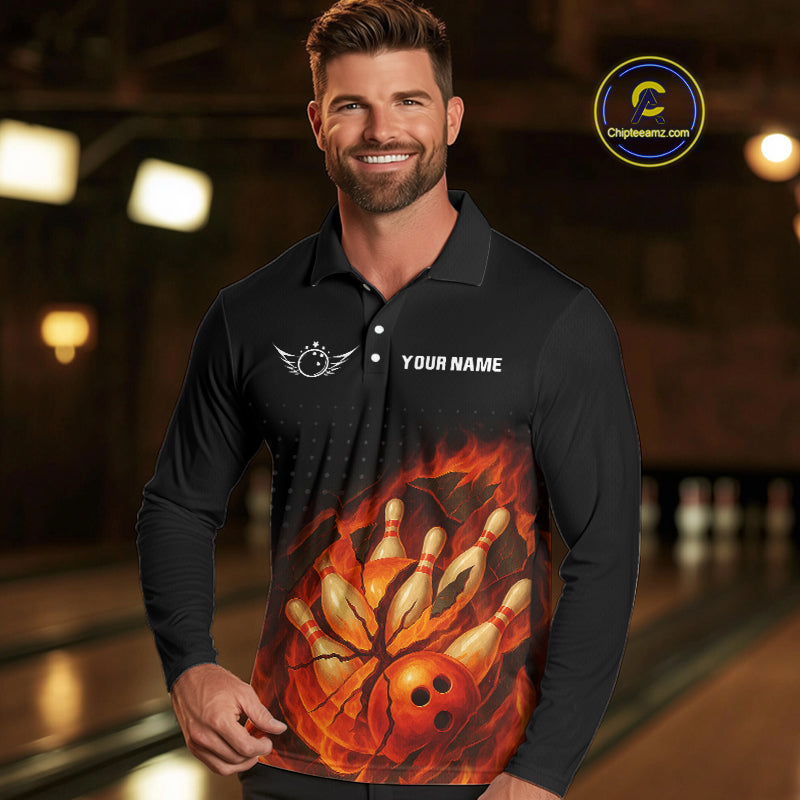 Flame Broken Bowling Ball and pins Bowling Shirt For Men Custom Flame Team Bowling Jerseys NQS10102