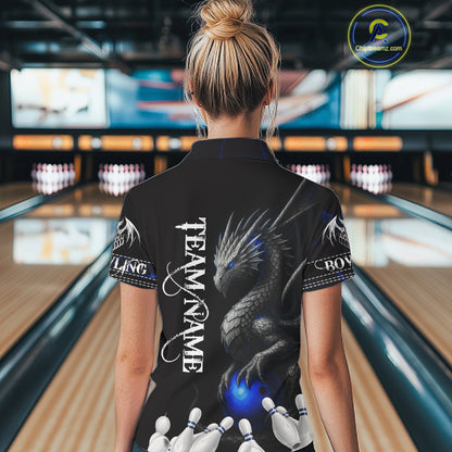 Black And Blue Dragon Bowling Polo, 1/4 Zip Shirt For Women Custom Dragon Bowling Team League Jersey NQS10628