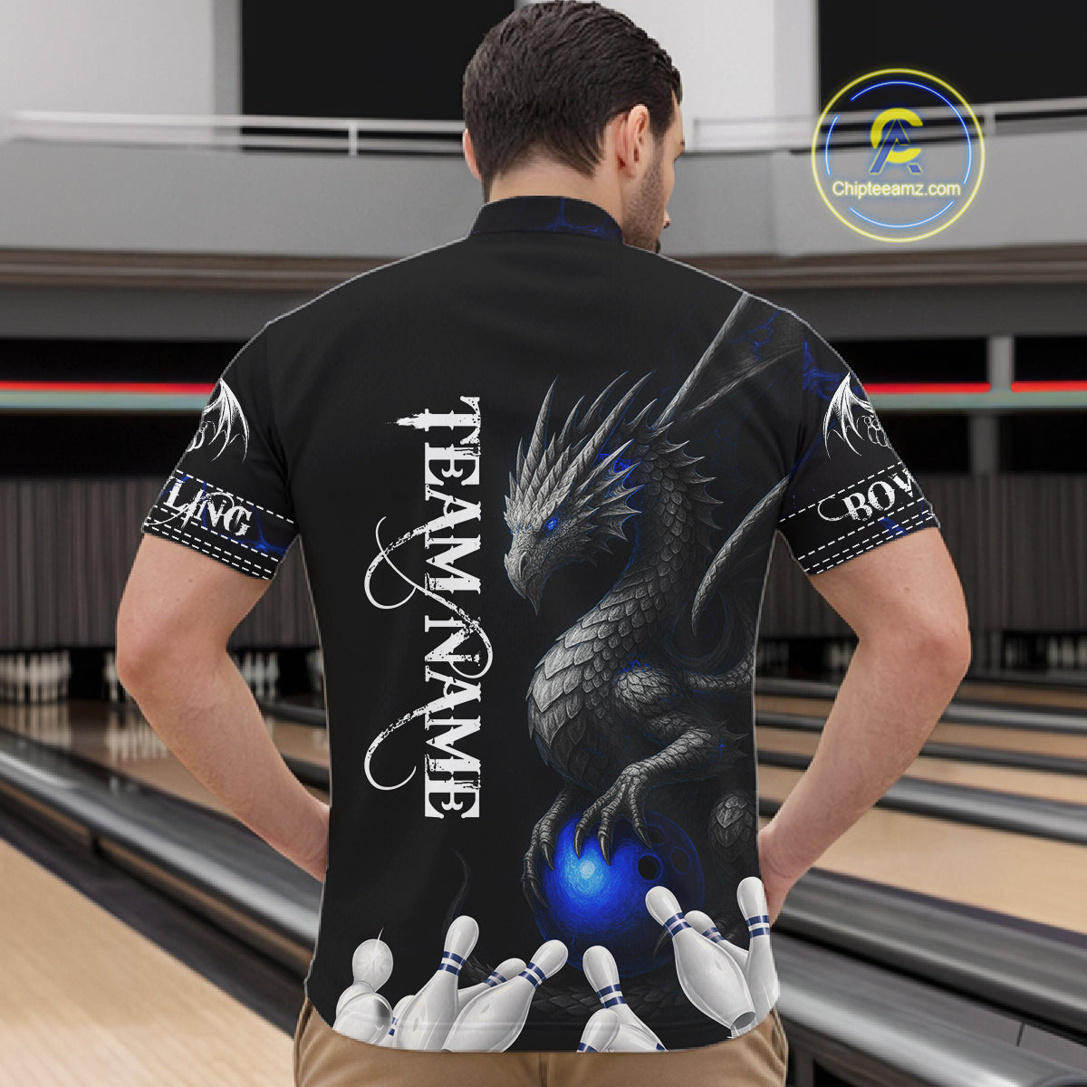 Black And Blue Dragon Bowling Polo, 1/4 Zip Shirt For Men Custom Dragon Bowling Team League Jersey NQS10628